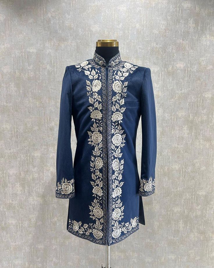 *2  Piece  Black and Blue Both Colour  available  Sherwani and Pant  *Fabric: %100 Velvet  , Thick, Warm, Comfortable, Breathable, Softer, Satin Feeling *Center Hide Button Sherwani , With Zipper Fly Pants *This Suit Has A 6" Drop Which Is The Difference Between The Size Of The Sherwani & Pants. For Example, A 40r Jacket Includes A 34W Pant *Dry Clean Only Important Note: All Our Products Are Made To Order ! Please Contact Us For Perfect Fitting Suit. .Full Lining Indo-western  With Padding *We Blue Traditional Wear With Dabka For Groom, Fitted Blue Kurta For Groom, Blue Long Sleeve Traditional Wear For Groom, Blue Traditional Wear For Groom, Fitted Sherwani With Chikankari Embroidery For Groom, Fitted Chikankari Embroidery Sherwani For Groom, Blue Sherwani For Groom Diwali Occasion, Fitted Sherwani With Intricate Embroidery In Traditional Drape, Fitted Sherwani With Intricate Embroidery And Traditional Drape