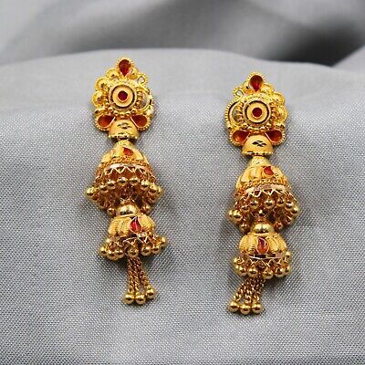 Ethnic Traditional 22kt Gold Handmade Indian Jewelry Yellow Design Jhumki K3654 | eBay Vintage Yellow Gold Festive Jewelry, Festive Vintage Yellow Gold Jewelry, Gold Jhumkas For Puja And Festive Occasions, Festive Gold Jhumkas For Puja, Traditional Gold Jhumkas With Tilla, Traditional Gold Jhumkas For Festive Occasions, Gold Jhumkas For Ceremonial Festive Occasions, Traditional Gold Jhumkas For Ceremonial Occasions, Gold Cutdana Jhumkas For Festivals