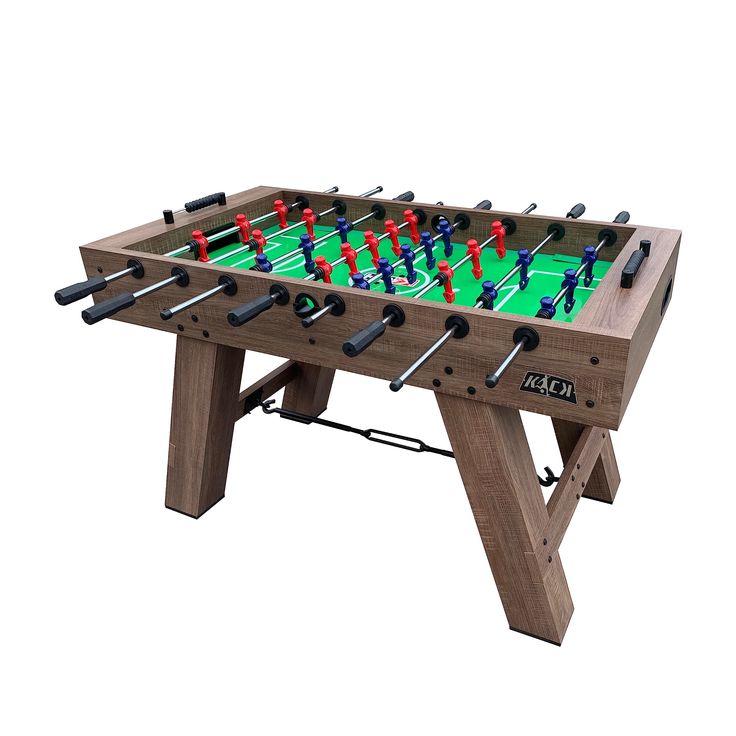 a wooden foosball table with many different colored foosballs on it