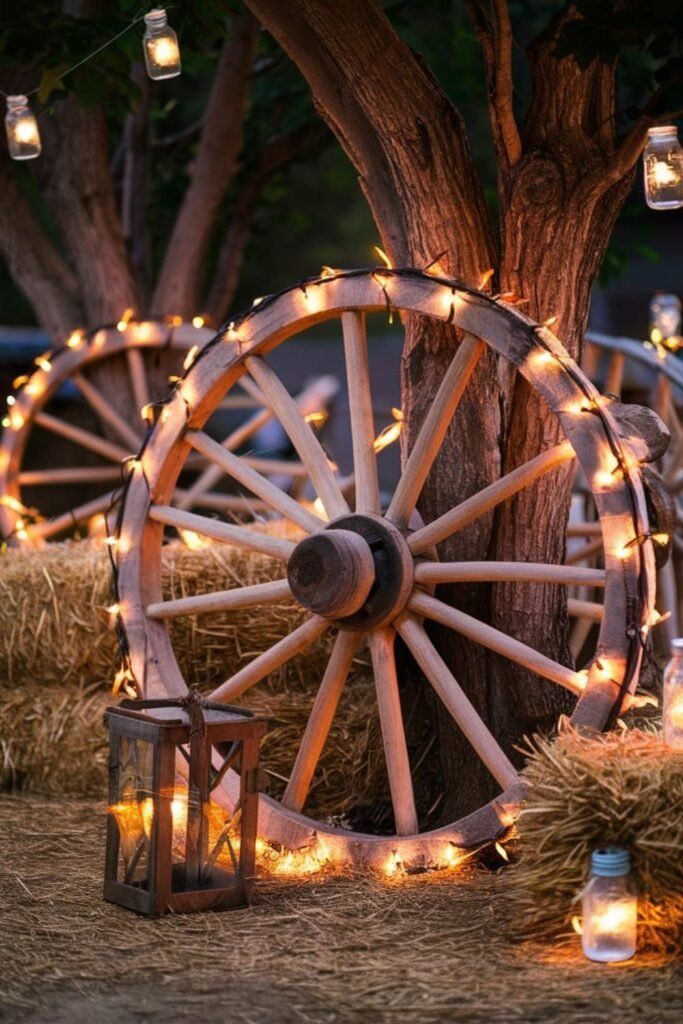 an old wagon wheel is surrounded by candles and mason jar lights on hay bales