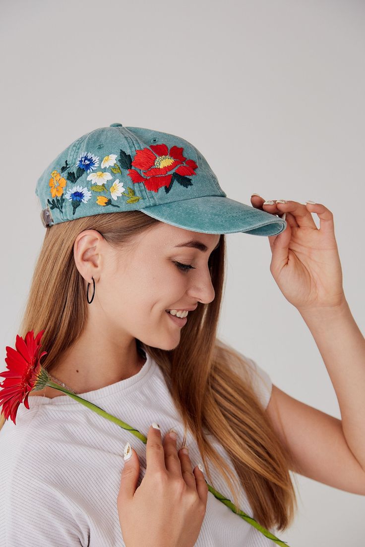 Custom Hand Stitched Hat / Hand Embroidered Hat / Baseball Cap With Flowers/ Custom Floral hat / Botanical hat Color: green baseball cap. Design: hand-embroidered flowers. Cap size (head circumference): 55 - 67 cm. 🌿PLEASE NOTE I NEED 2 WEEKS TO EMBROIDER THIS HAT FOR YOU🌿 CHECK OUR OTHER ACCESSORIES 🌸 More Baseball hats: https://www.etsy.com/shop/KazkovaEmbroidery?ref=seller-platform-mcnav§ion_id=25392998 🌿 Kids Baseball hats: https://www.etsy.com/shop/KazkovaEmbroidery?ref=seller-platform- Baseball Cap Design, Green Baseball Cap, Embroidery Hat, Vintage Baseball Caps, Hand Embroidered Flowers, Floral Hat, Happy Valley, Hat Embroidery, Embroidered Hat