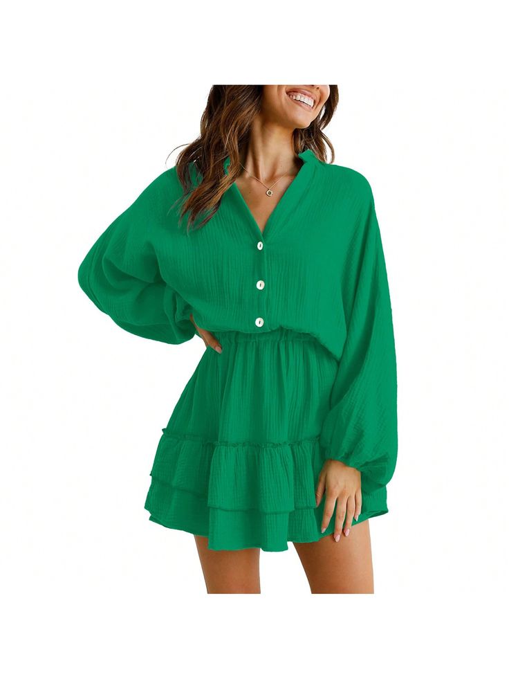 Verde Casual Collar manga larga  Liso Camisa Embellished Petal And Pup, Green Long Sleeve Shirt, Dresses Casual Fall, Mini Dress Formal, Mode Casual, White Dresses For Women, Long Sleeve Shirt Dress, Casual Summer Dresses, Affordable Clothes