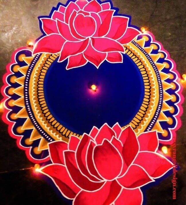 an image of a pink flower in the middle of a blue circle with lights around it