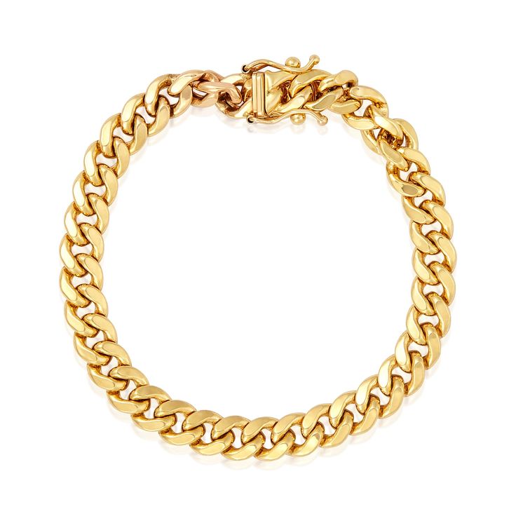 Timeless elegant 14k cuban gold chain bracelet created a lustrous golden stack on your wrist. Length: 6-1/2 in secured clasp Width: 5mm Luxury Yellow Gold Jewelry With Rectangular Links, Gold Cuban Link Chain, Gold Chain Bracelet, Box Clasp, Gold Bracelet Chain, Cuban Link Chain, Cuban Link, Curb Chain, Bracelet Gift