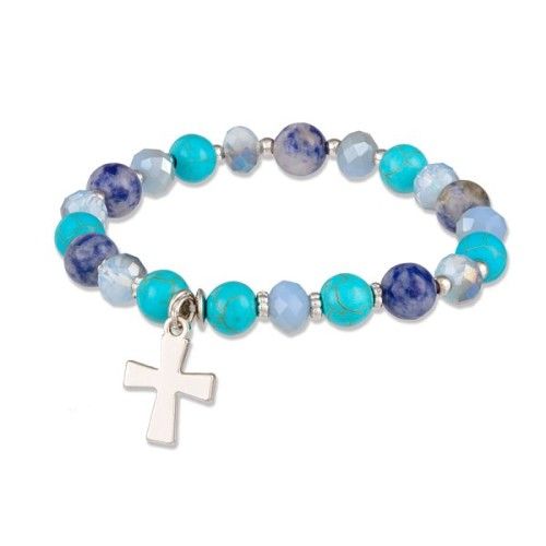 Shades of blue stretch bracelet brings the colors of the ocean and sky together; embellished with cross charmBeads in shades of light blue, turquoise, sky blue and dark blue with silver spacersSilvertone charm crossContemporary look for today's Christian woman Bohemian Blue Cross Jewelry, Blue Hypoallergenic Charm Bracelet With Round Beads, Hypoallergenic Blue Charm Bracelet With Round Beads, Spiritual Light Blue Beaded Bracelets, Blue Hypoallergenic Spiritual Bracelets, Bohemian Blue Stretch Bracelet With 8mm Beads, Blue Bohemian Stretch Bracelet With 8mm Beads, Spiritual Blue Beaded Charm Bracelet, Blue Charm Bracelet With 8mm Beads