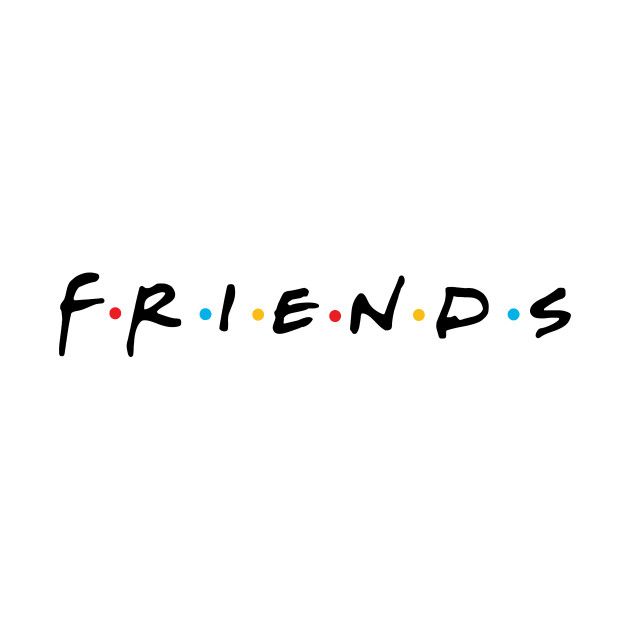 the word friends written in black ink with colorful dots