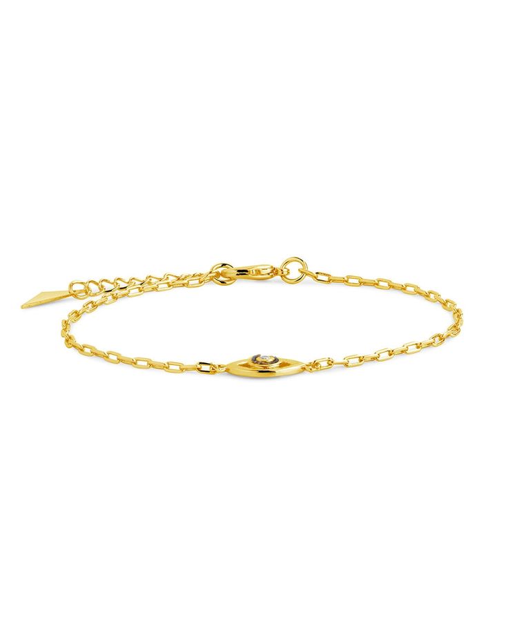 Add some style and protection to your look with this Leidy Station Bracelet! The evil eye charm is delicate and provides a sweet yet statement making addition to any outfit. Keep an eye out for compliments! Material: 14K gold or rhodium plated brass, cubic zirconia, Mother of Pearl Features: Measures 7.25" with 1" extender, 0.1" width, 0.7"x0.3" pendant, 2mm CZ stones, Lead & Nickel free, lobster clasp Elegant Evil Eye Bracelet For Everyday, Trendy Gold Evil Eye Bracelet, Elegant Gold Evil Eye Bracelet For Everyday, Dainty Evil Eye Bracelet For Everyday, Elegant Gold Evil Eye Bracelet, Dainty Gold Evil Eye Bracelet With Adjustable Chain, Dainty Gold Evil Eye Bracelet, Gold Dainty Evil Eye Bracelet With Adjustable Chain, Gold Charm Bracelet With Evil Eye