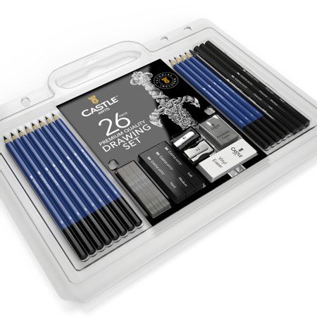 an assortment of blue and black pencils in a plastic case