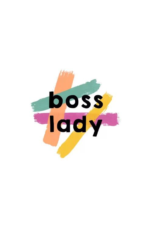 the words boss lady are painted in different colors and font on a white background with multicolored strokes