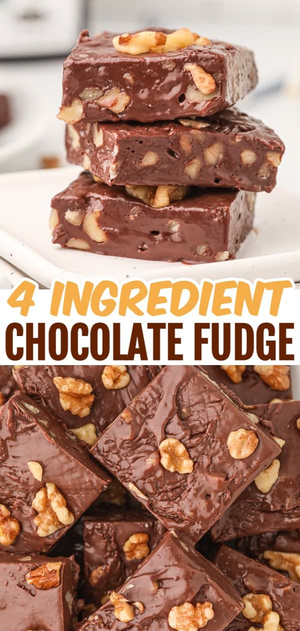 chocolate fudge with walnuts on top and the title overlay reads, 4 ingredient chocolate fudge