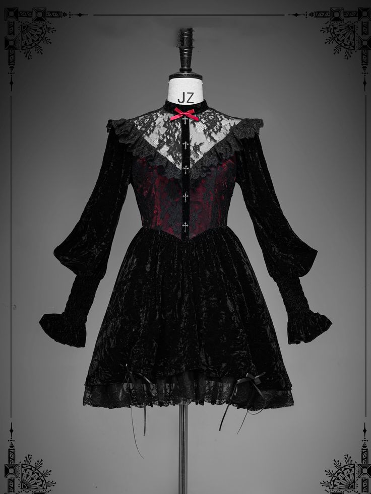 This price includes a dress only, others are not included.   	 		 			Size 			S 			M 			L 		 		 			Bust 			84 			88 			92 		 		 			Full Length 			91 			92 			94 		 		 			Waist 			67 			71 			75 		 		 			Shoulders 			37 			38 			39 		 		 			Sleeve Length 			65 			66 			67 Halloween Fitted Mini Dress With Lace Trim, Fitted Mini Dress With Lace Trim For Halloween, Vintage Fitted Halloween Dresses, Fitted Lace Mini Dress For Halloween, Spring Gothic Lace Dress, Fitted Lace Mini Dress For Costume Party, Vintage Long Sleeve Corset Dress For Costume Party, Fitted Lace Trim Dress For Costume Party, Halloween Lace Night Out Dress