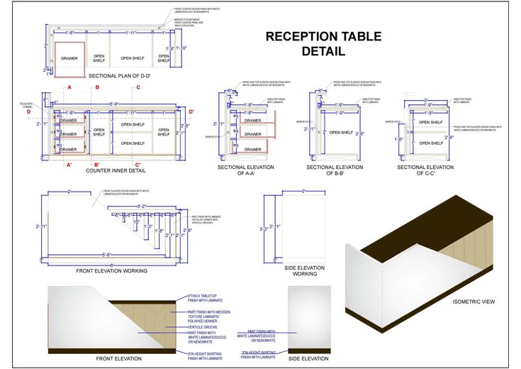 an architectural drawing shows the details for a reception table and seating area, as well as instructions on how to build it