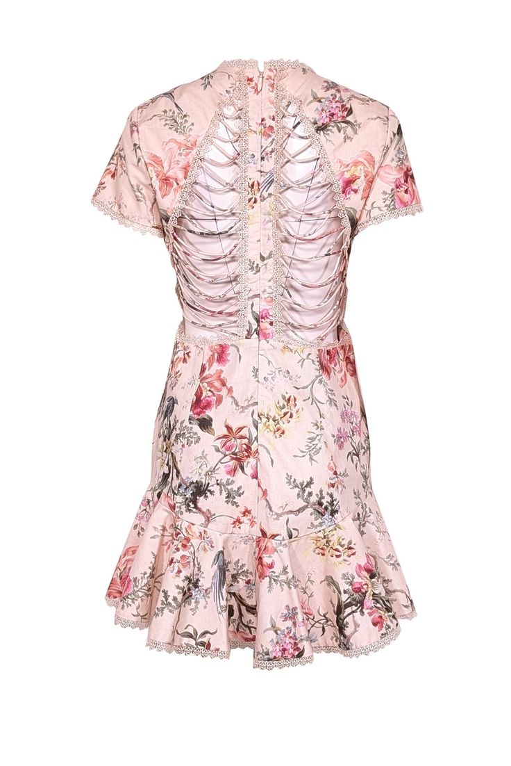 Stand out at any event in this dreamy Zimmermann floral dress! Its soft linen blend and lace trim are perfect for brunch, high tea, and other special occasions. Feel chic and confident with a strappy back that ties any look together! Size 10 (Z 3) Shell 52% Linen. 48% Cotton Lining 100% Cotton Invisible back zipper Lace neckline Strappy back Side cut outs Lace hem Bust 37" Waist 31.5" Shoulder to hem 34" Sleeve length 6.5" Spring Brunch Dress With Scalloped Edges, Spring Brunch Dresses With Scalloped Edges, Spring Day Dresses With Scalloped Edges, Spring Daywear Dresses With Scalloped Edges, Spring Dresses With Scalloped Edges, Spring Cotton Dress With Scalloped Lace, Feminine Lace Trim Dress For Garden Party, Fitted Dress With Scalloped Edges For Brunch, Spring Lace Dresses With Scalloped Edges