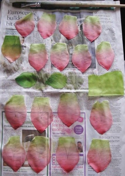 a bunch of pink flowers sitting on top of a newspaper next to a green leaf