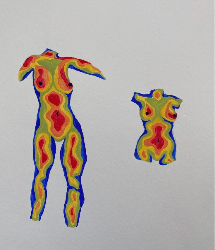 an abstract drawing of a man and a dog on a white background with blue, yellow, red, orange, and green colors