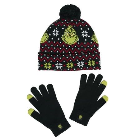 OFFICIALLY LICENSED DR. SEUSS GRINCH KNIT HAT AND GLOVE SET  This adult-sized beanie hat and glove set features the iconic Grinch from Dr. Seuss's "How the Grinch Stole Christmas".  HIGH-QUALITY ACRYLIC FABRIC  Made from durable and warm acrylic knit, this set is designed to keep you cozy in cold weather. Featuring a fair isle print of Grinch with snowflakes and a pom-pom on top.  TOUCHSCREEN GLOVES  The gloves come with conductive material on the tips of the index fingers and thumbs, allowing y Grinch Beanie, Dr Seuss Grinch, The Grinch Stole Christmas, Knit Christmas, Grinch Stole Christmas, Touch Screen Gloves, The Grinch, Acrylic Fabric, Men's Knit