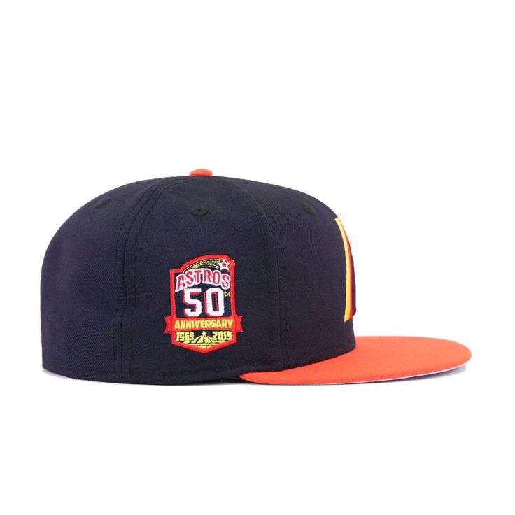 New Era Cap 59Fifty fitted hat for the Houston Astros in official team colors, constructed using prototype logos. A very special Astros custom fitted done in retro colors. With front logo in Orangeade/Radiant Red/Moonbeam, this exclusive is a perfect match for your retro Astros jersey. Side patch in matching colorway round out this hat celebrating 50 years of Houston baseball. Hat Material: 100% Wool/PolyesterCrown: NavyVisor: OrangeButton: OrangeUndervisor: GreyFront Logo: Midnight Navy/Snow Wh Prototype Logo, Astros Jersey, Yellow Fits, Radiant Red, World Baseball Classic, New Era Hats, New Era Cap, New Era 59fifty, Oakland Athletics