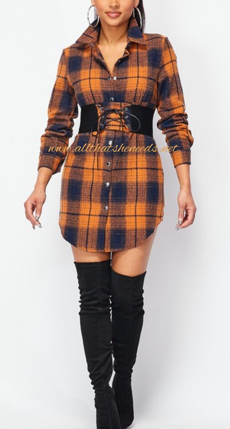 Plaid, button down, collared, shirt dress, with stretch waist belt. 95% Polyester, 5% Spandex Collared Belted Mini Dress, Fitted Belted Mini Dress With Tie Waist, Trendy Collared Shirt Dress, Casual Fitted Mini Length Belted Dress, Fall Belted Knee-length Mini Dress, Fall Knee-length Belted Mini Dress, Fall Mini Dress Belted Knee-length, Collared Shirt Dress With Button Closure For Fall, Fall Collared Shirt Dress With Button Closure