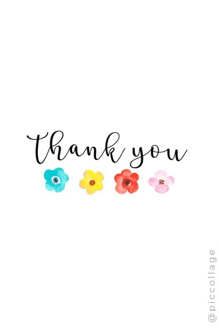 the words thank you are written in black ink on a white background with colorful flowers