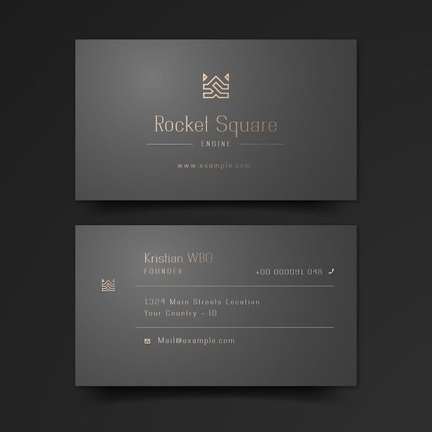 a business card with the name rocket square in gold and silver on it, against a black background