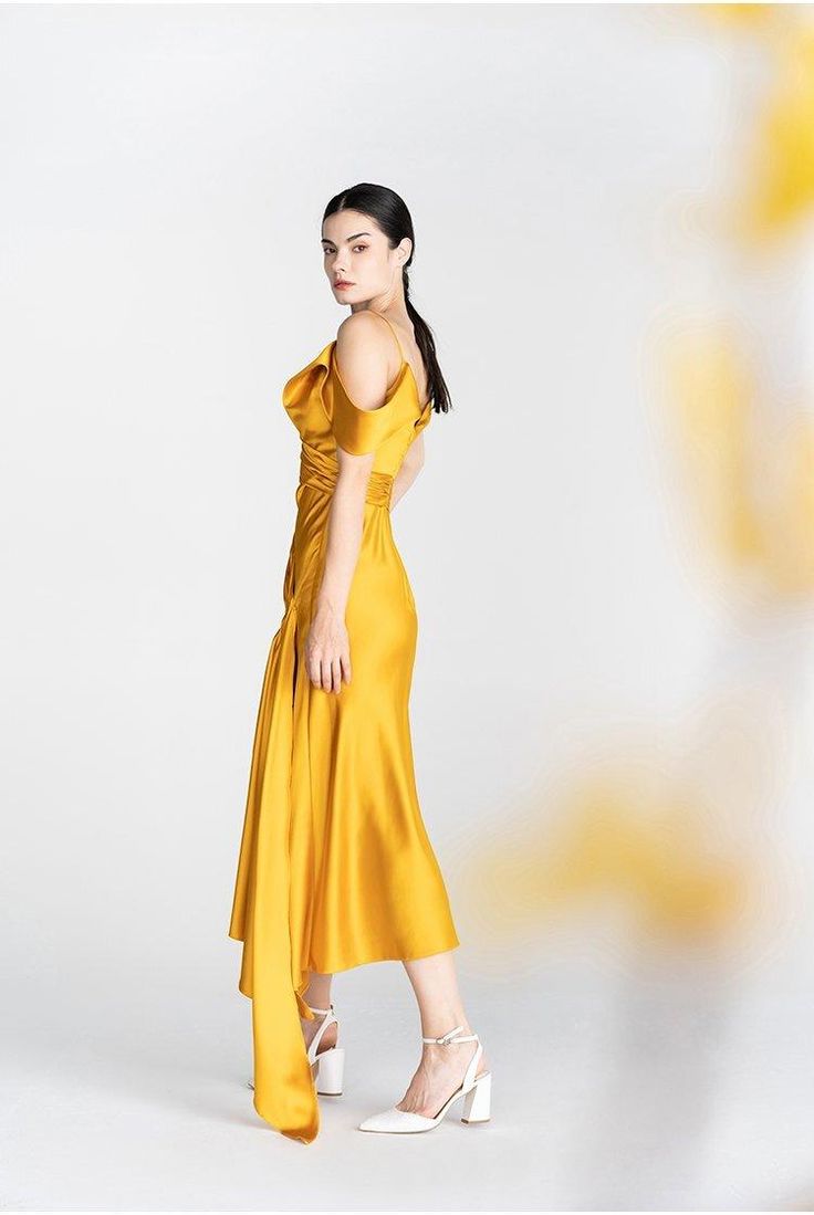 Rare Golden yellow asymmetric cocktail evening dress - Sesi Silk Evening Dress With Asymmetrical Neckline For Dinner, Asymmetrical Silk Cocktail Dress, Gold Cocktail Evening Dress In Midi Length, Asymmetrical Pre-draped Evening Dress For Dinner, Pre-draped Asymmetrical Evening Dress For Dinner, Elegant Gold Asymmetrical Dress, Elegant Yellow Midi Dress For Gala, Fitted Asymmetrical Silk Dress For Party, Yellow Formal Evening Dress For Summer