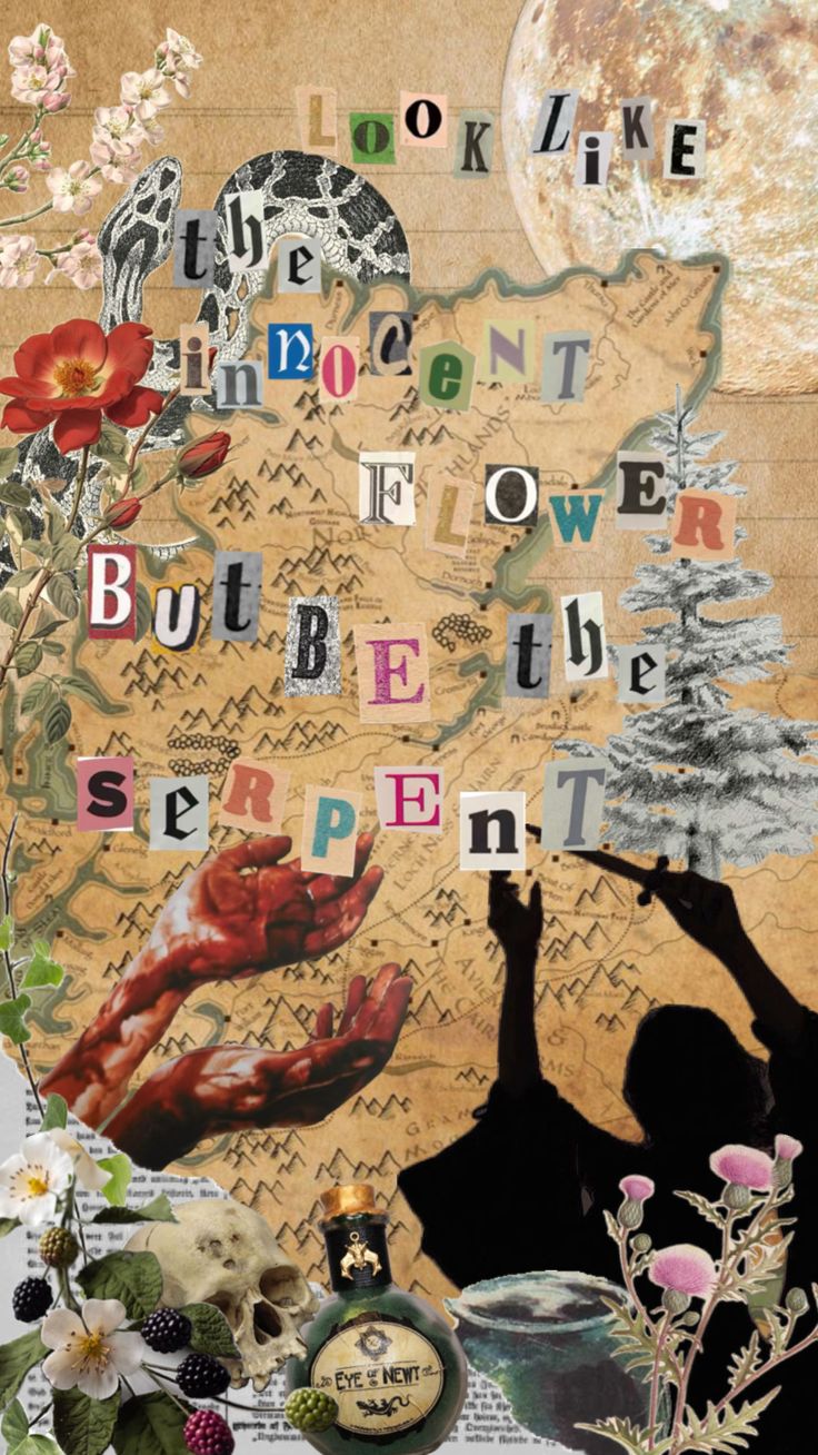 an altered collage with flowers and words on it, including the silhouette of two people