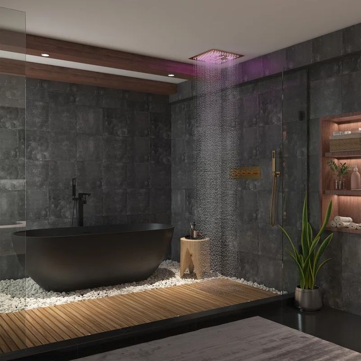 a bath room with a large tub and a wooden table in front of the shower