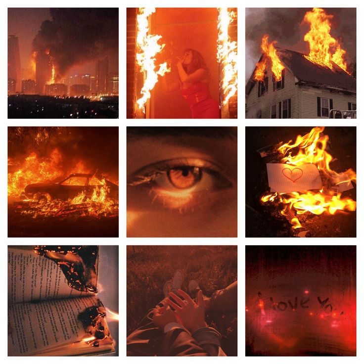 fire and flames are shown in this collage, including an eye looking at the viewer