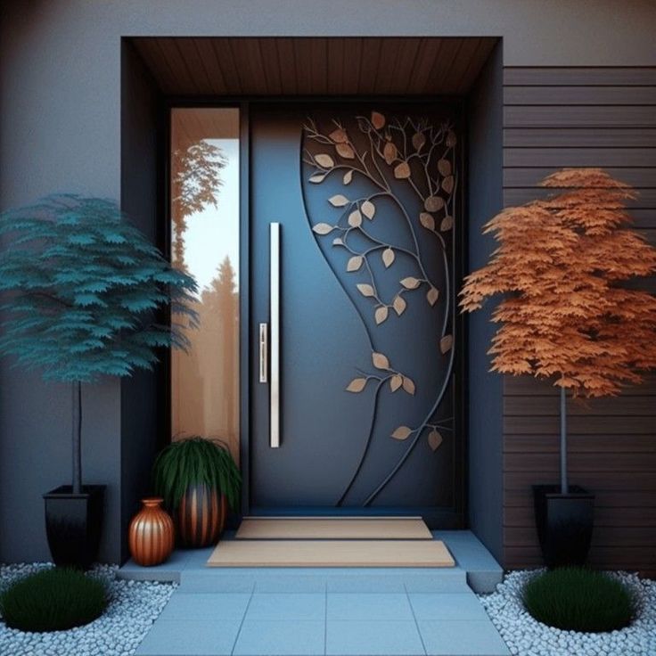 the front door is decorated with plants and trees