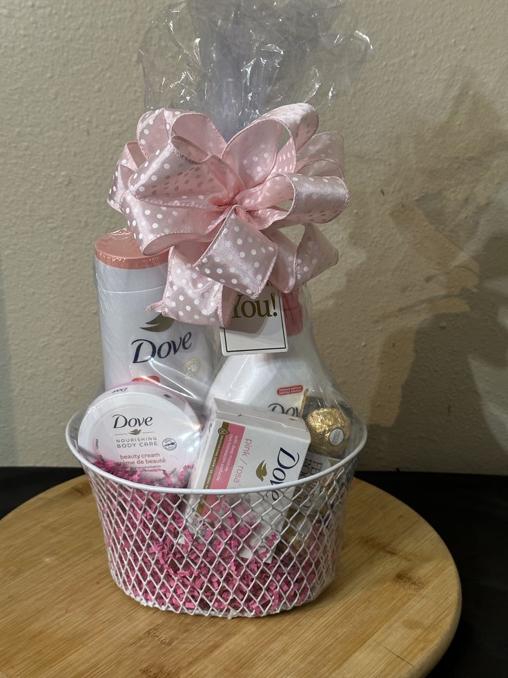 a basket filled with personal care items on top of a wooden table