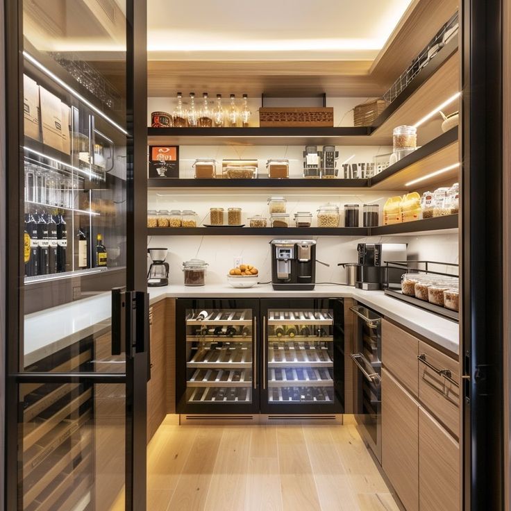 an open pantry with lots of bottles on the shelves and wine glasses in the bins