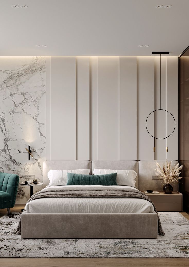 a modern bedroom with marble walls and flooring