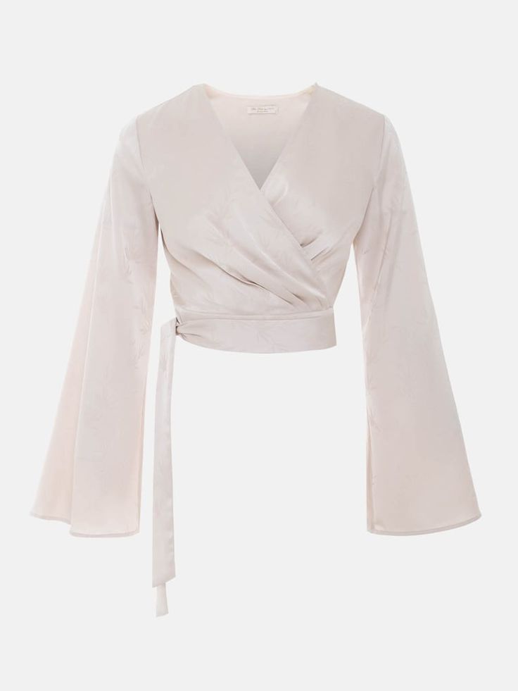 Chic V-neck Crop Top For Evening, Elegant Surplice Neckline Blouse For Party, Elegant Formal Crop Top For Spring, Elegant Spring Formal Crop Top, Chic Formal Crop Top For Spring, Chic Satin Wrap Blouse, Chic Long Sleeve Wrap Top For Party, Chic Spring Crop Top With Tie Waist, Spring Chic Crop Top With Tie Waist