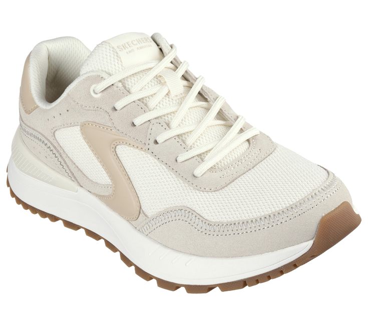 PRICES MAY VARY. Skechers Air-Cooled Memory Foam cushioned insole Lace-up jogger with synthetic, mesh, and suede upper Shock-absorbing midsole Flexible traction outsole Sketchers Shoes, Insole Design, Wide Shoes, Skechers Women, Girls Sneakers, Skechers Shoes, Off White Color, Athletic Women, White Sneakers