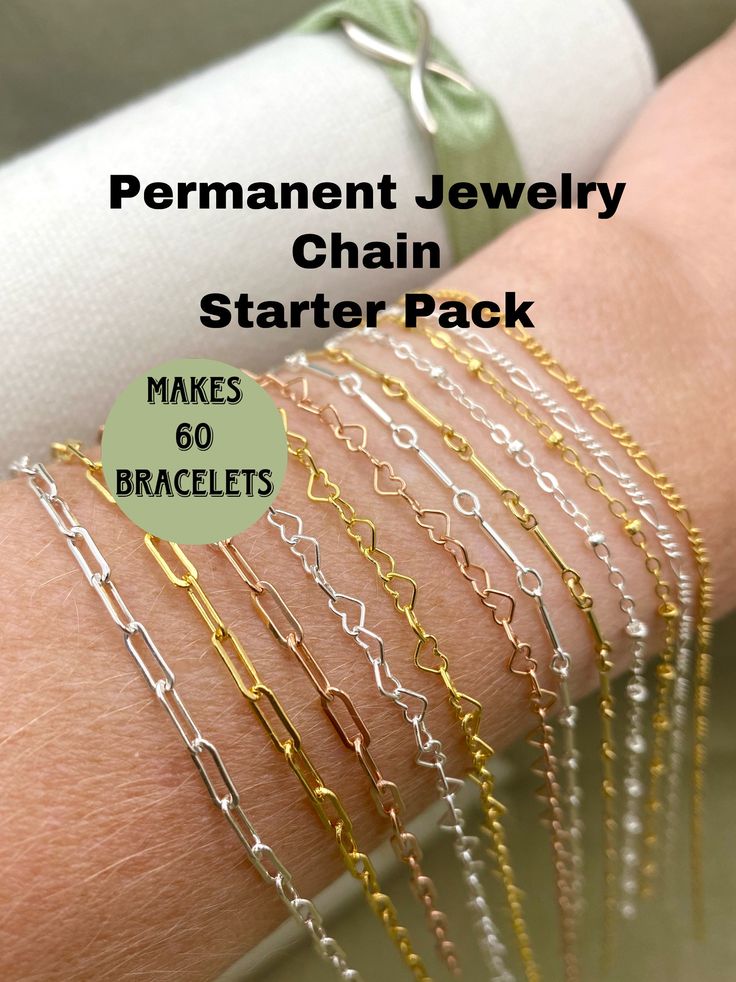 Looking for the perfect chains to start your permanent Jewelry business, but not sure where to start? Here are our 12 Classic Chains needed to start your business off with success.  With the ability to easily order more of each individual style as needed.  Ask anyone, ImprintedSupplies is the Gold Standard in Permanent Jewelry Supplies! See them in use and get to know us at Instagram.com/Imprinted.Supplies The average length permanent bracelet is 7 inches, with this kit you have the ability to make approximately 60 bracelets. Adding a Jumpring Starter Pack is optional, but jumprings are required to make the bracelets.  Purchase Here -> https://imprintedsupplies.etsy.com/listing/1534888889 Kit includes 3 FEET of each of the following (36 feet total): All chains made in the USA 14kt Gold Fil Permanent Jewelry Inspiration, Permanent Jewelry Business, Permanent Bracelet, Wholesale Jewelry Supplies, Permanent Jewelry, Jewelry Board, Bracelet Kits, Jewelry Chain, Heart Chain