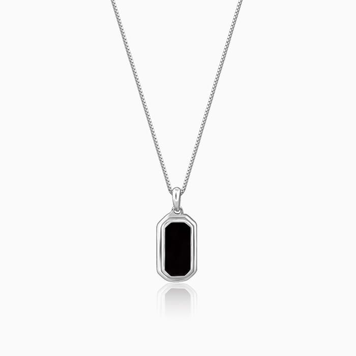 The Inspiration: Perfect for the modern-day knight, it's more than a piece of jewelleryit's a statement of character. The Design: This silver pendant with a box chain features a rectangular motif. 
 
 925 Silver 
 Perfect for sensitive skin 
 Motif Height: 2.8 cm, Motif Width: 1.2 cm 
 Length of Chain: 60 cm + 6 cm Adjustable 
 Comes with the Jewellery kit and authenticity certificate 
 Content: Pendant with Box Chain 
 Net Qty- 1 unit 
 
 Styling Tip: Style this with a baggy back print t-shirt Formal Necklace With Rectangular Pendant And Box Chain, Modern Rectangular Necklace With Polished Finish, Formal Box Chain Jewelry With Rectangular Pendant, Formal Jewelry With Rectangular Pendant And Box Chain, Formal Jewelry With Box Chain And Rectangular Pendant, Formal Rectangular Pendant Box Chain Jewelry, Minimalist Rectangular Box Chain Jewelry, Minimalist Rectangular Necklace With Polished Finish, Modern Jewelry With Rectangular Cable Chain