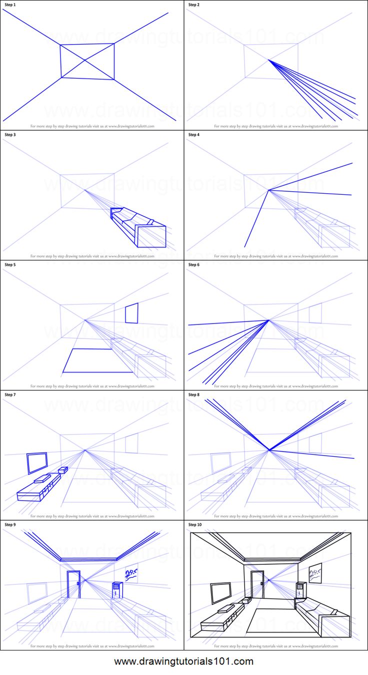 how to draw a room in perspective with different angles and lines on the floor, from top to bottom