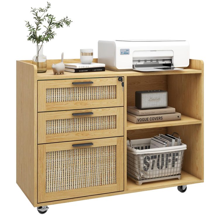 a wooden cabinet with drawers and baskets on it