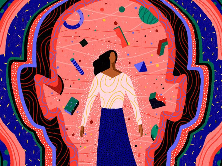 an illustration of a woman standing in front of a pink background with confetti and streamers