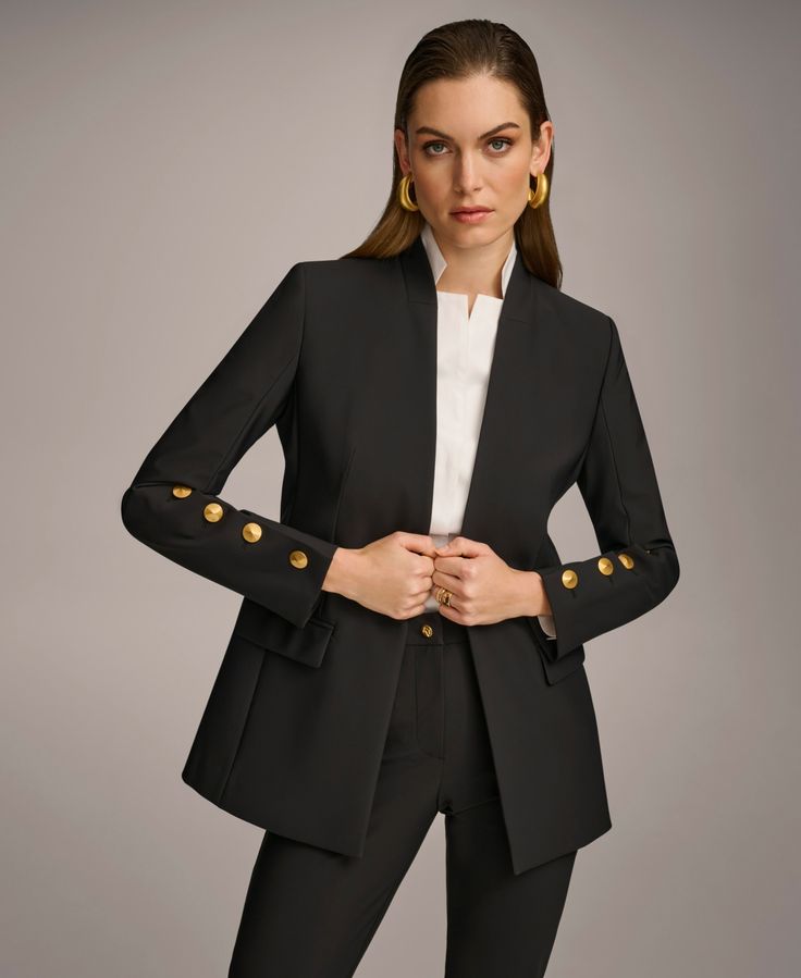 in stock Luxury Black Blazer With Button Cuffs, Tailored Black Blazer With Gold Buttons, Luxury Black Blazer With Gold Buttons, Tailored Black Outerwear With Gold Buttons, Fitted Black Outerwear With Gold Buttons, Fitted Tops With Gold Buttons For Workwear, Black Blazer With Gold Buttons For Work, Black Formal Outerwear With Gold Buttons, Elegant Black Outerwear With Gold Buttons