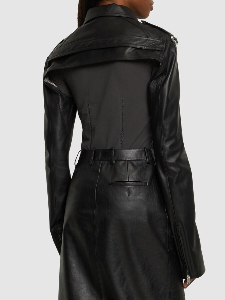 Front snap button closure. Zip cuffs. Buckle strap details at shoulders. Model is wearing a size40 Leather Bolero, Rick Owens Women, Champion Jacket, Rick Owens Jacket, Versace Brand, Cropped Leather Jacket, Bolero Jacket, Brown Leather Jacket, Leather Jacket Black