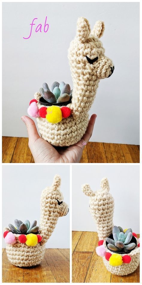 crocheted llama planter with succulents in it