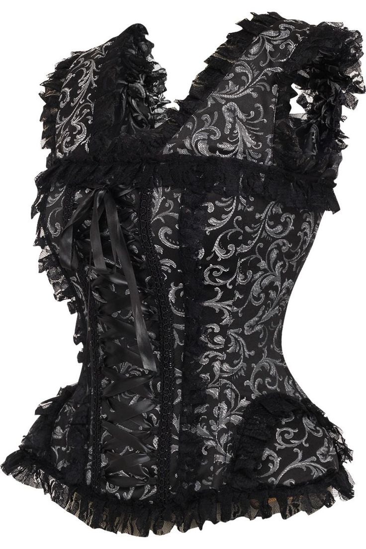 Overbust corset made of high quality brocade and lace fabrics 10 Spiral Steel boned with 2 Flat steel bones Delicate lace detailing Ribbon tie closure at back for cinching Privacy Panel Lined Hand Wash Fitted Halloween Corset Dress With Lace Trim, Fitted Lace Trim Corset Dress For Halloween, Elegant Halloween Corset Dress With Lace Trim, Lace Overbust Corset, Steampunk Underbust Lace Corset, Steampunk Lace Underbust Corset, Halloween Underbust Corset With Ruffles, Halloween Lace Corset Dress With Corset Back, Lace Underbust Steampunk Corset