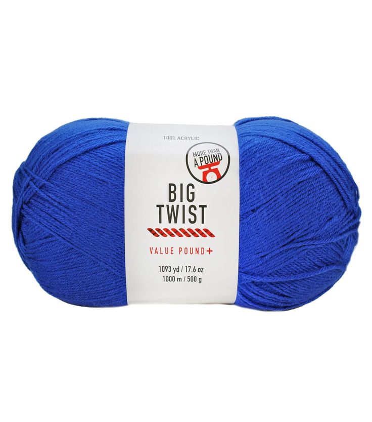 blue ball of yarn with the words, big twist value found in white and red