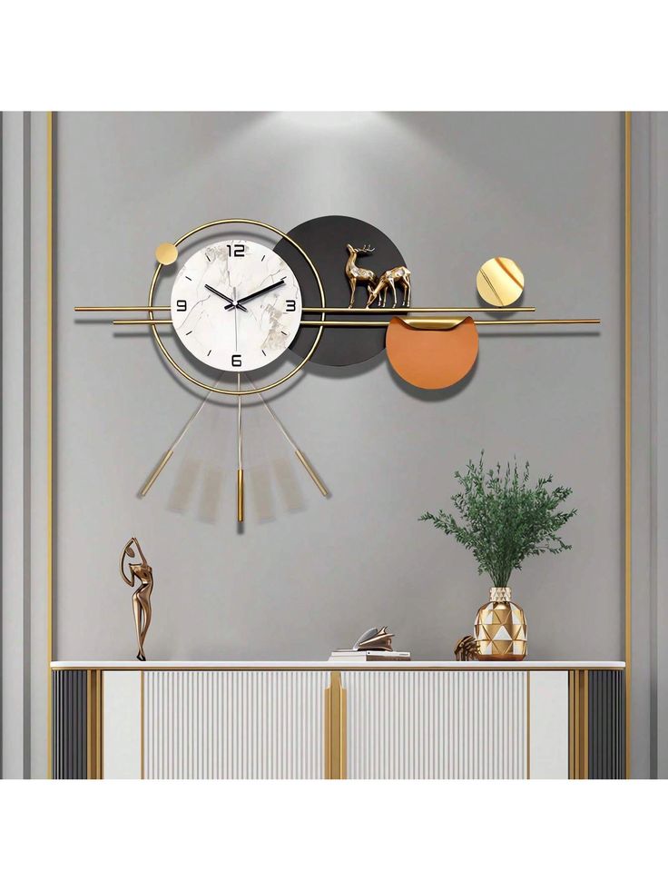 a wall clock that is on the side of a wall next to a plant and vase