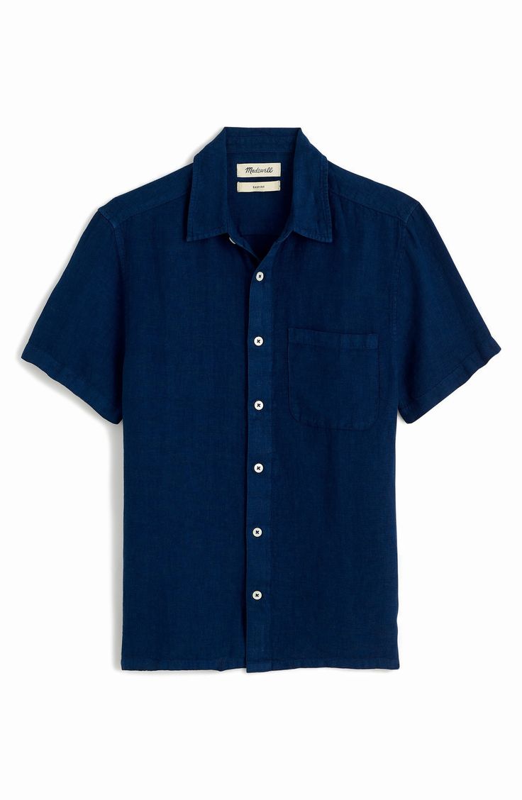 Madewell's slightly oversized short-sleeve shirt has a relaxed fit that's just so, well, easy. Made of garment-dyed linen, this breezy button-up is perfect for a hot day or warm night out. Front button closure Spread collar Short sleeves Chest patch pocket 100% linen Machine wash, tumble dry Imported Blue Linen Camp Shirt With Relaxed Fit, Blue Relaxed Fit Linen Camp Shirt, Blue Linen Camp Shirt For Vacation, Casual Blue Linen Camp Shirt, Unstructured Short Sleeve Shirt With Pockets, Unstructured Summer Tops With Buttons, Blue Linen Camp Shirt For Spring, Casual Short Sleeve Camp Shirt With Buttons, Spring Blue Linen Camp Shirt