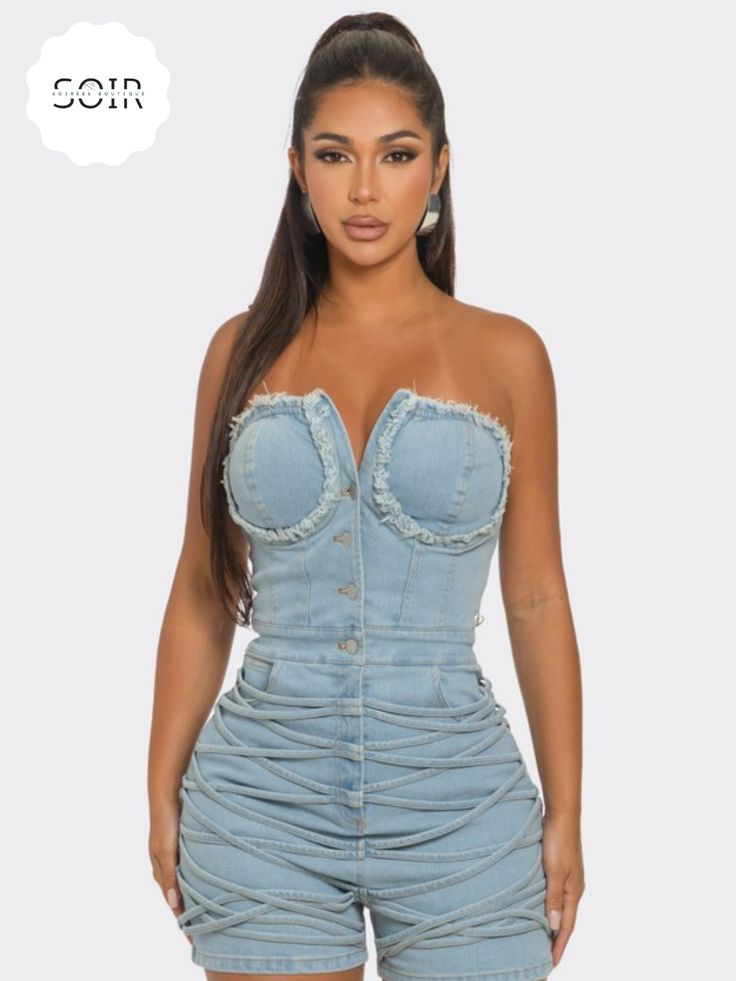 Edgy Elegance Frayed Denim Romper - Soirées Boutique Fitted Denim Summer Dress For Club, Fitted Denim Club Dress For Summer, Fitted Denim Dress For Club In Summer, Fitted Denim Dress For Summer Club, Fitted Denim Dress For Summer Club Events, Trendy Spring Denim Dress For Club, Trendy Fitted Corset Dress For Spring, Spring Trendy Fitted Corset Dress, Spring Fitted High-waist Denim Dress