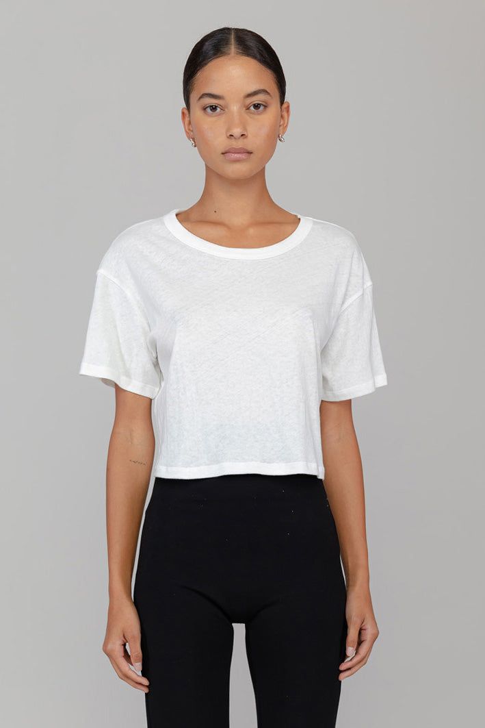 Our take on the cropped tee in our new Laura fabric - 100%, breathable recycled cotton. Featuring dropped shoulders and a wide crew neckline, The Laura Crop Boxy Tee is a classic silhouette designed to live in and last a lifetime. Relaxed Fit Cropped T-shirt For Everyday, Effortless Boxy Fit T-shirt, Basic Boxy Fit Crop Top With Crew Neck, Basic Boxy Fit Cropped Tops, Cropped Boxy Fit T-shirt, Summer Cropped Hem T-shirt Relaxed Fit, Summer T-shirt Relaxed Fit Cropped Hem, Boxy Crop Top For Everyday Wear, Basic Boxy Fit Crop Top For Summer