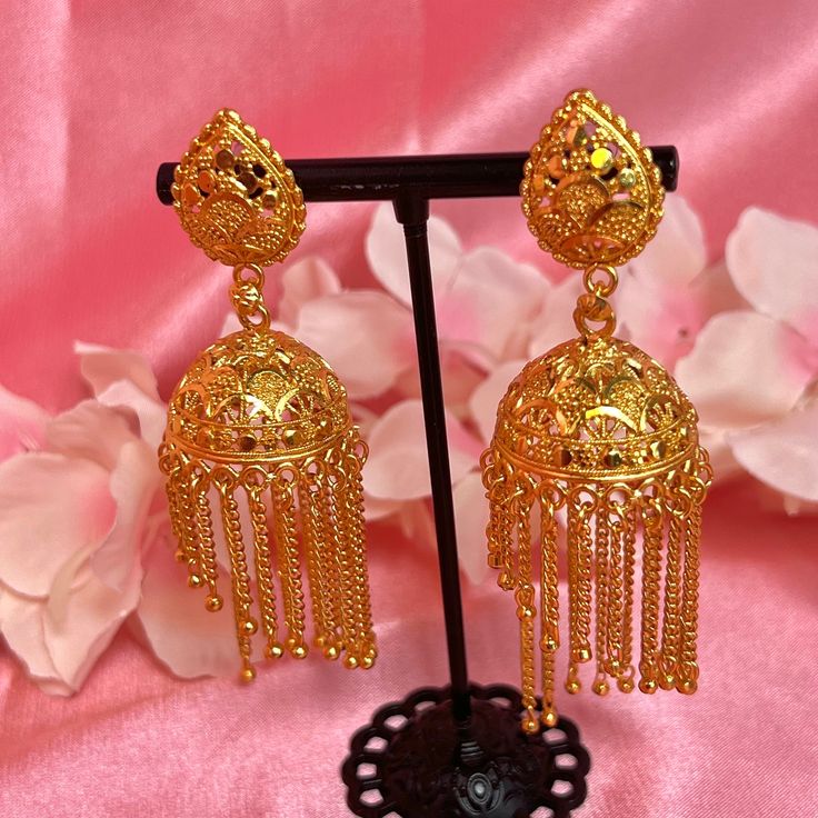 Medium jhumka style earrings in bright gold finish  3 inch length x 1 inch for bell  Ready to ship! Festive Gold Plug Earrings With Latkans, Gold Latkans Earrings For Diwali, Gold Earrings With Latkans For Diwali, Gold Chandbali Jhumkas With Latkans, Celebration Latkans Jhumkas Drop Earrings, Celebration Jhumkas With Latkans In Drop Shape, Gold Danglers With Latkans For Diwali, Celebration Jhumkas With Latkans, Traditional Gold Plug Earrings With Latkans