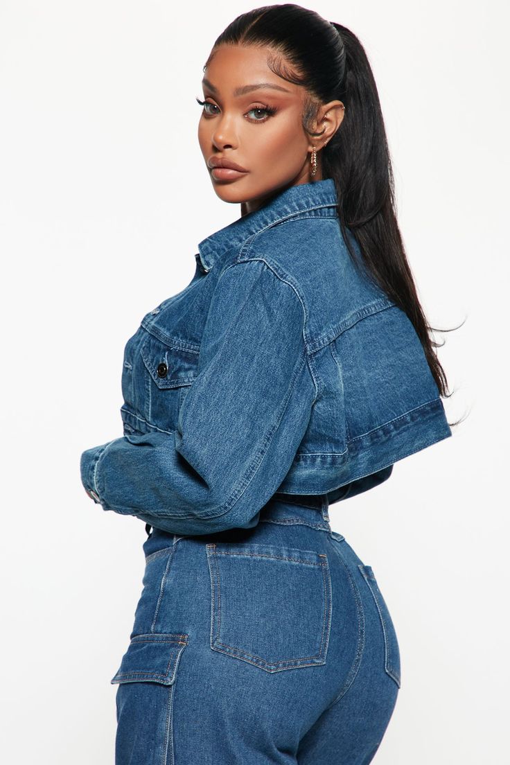 Available in Medium Wash Super Cropped Denim Jacket Non Functional Pockets Disclaimer: Due To The Specialized Wash Process, Each Garment Is Unique. 100% Cotton Imported  | Cora Super Cropped Denim Jacket in Medium Wash size XS by Fashion Nova Vacation Looks, Sweater Jumpsuit, Free Dresses, Fashion Nova Models, Love Hurts, Cropped Denim Jacket, Fashion Nova Jeans, Cargo Jeans, Cropped Denim